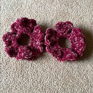 Velvet Burgundy Scrunchies with heart patterns Set of 2